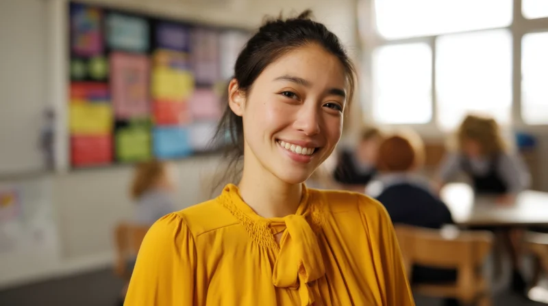 Smiling woman in yellow blouse standing in classroom with students at desks in background