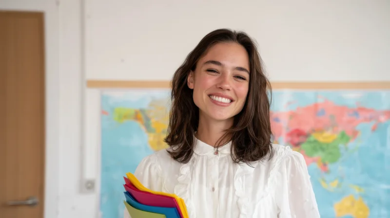 Smiling woman holding colorful folders in front of world map in classroom