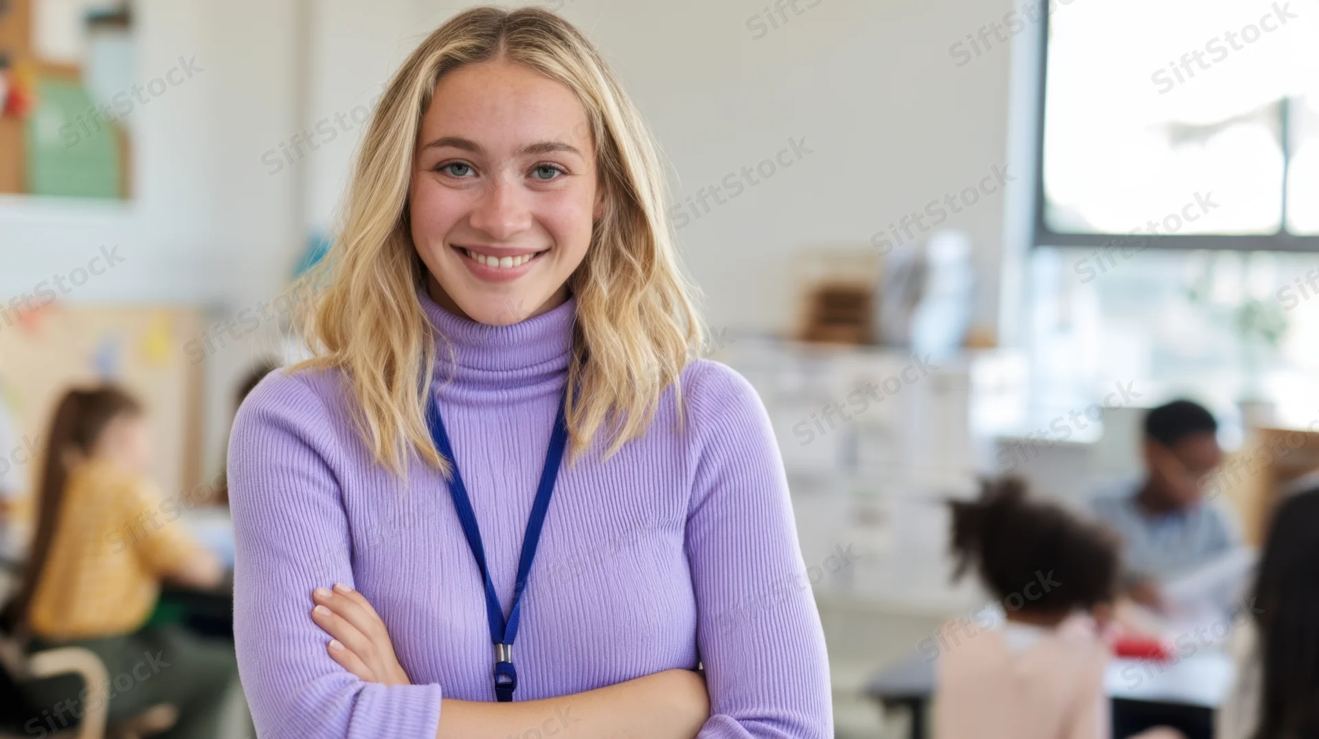 Smiling blonde woman in purple turtleneck with arms crossed in classroom setting