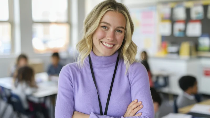 Smiling woman in purple sweater with arms crossed in classroom setting