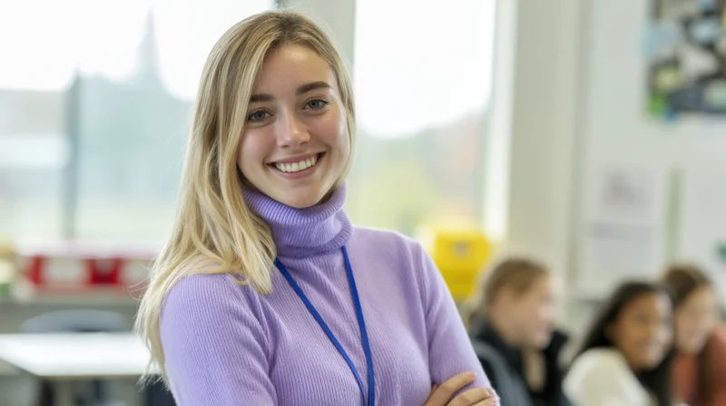 Smiling blonde woman in purple turtleneck standing in classroom with students in background