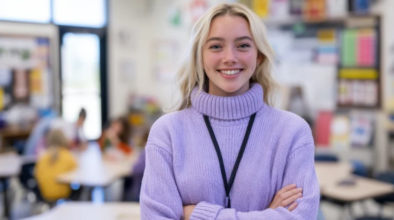 Smiling blonde woman in lavender turtleneck sweater with arms crossed in classroom setting