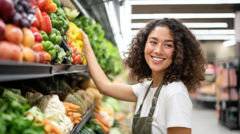 Woman in apron smiling while reaching for vegetables on a supermarket shelf