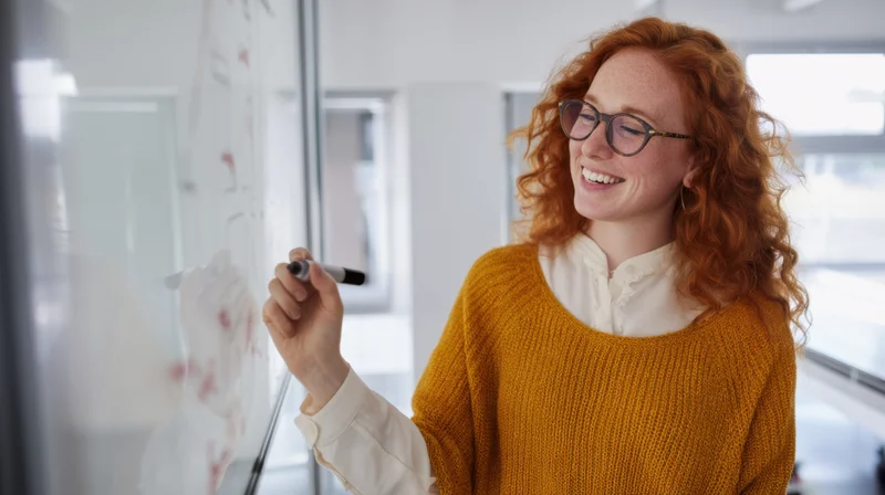 Smiling woman with red hair writing on a whiteboard in an office