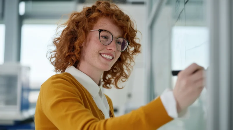 Woman writing on whiteboard in classroom setting smiling at camera