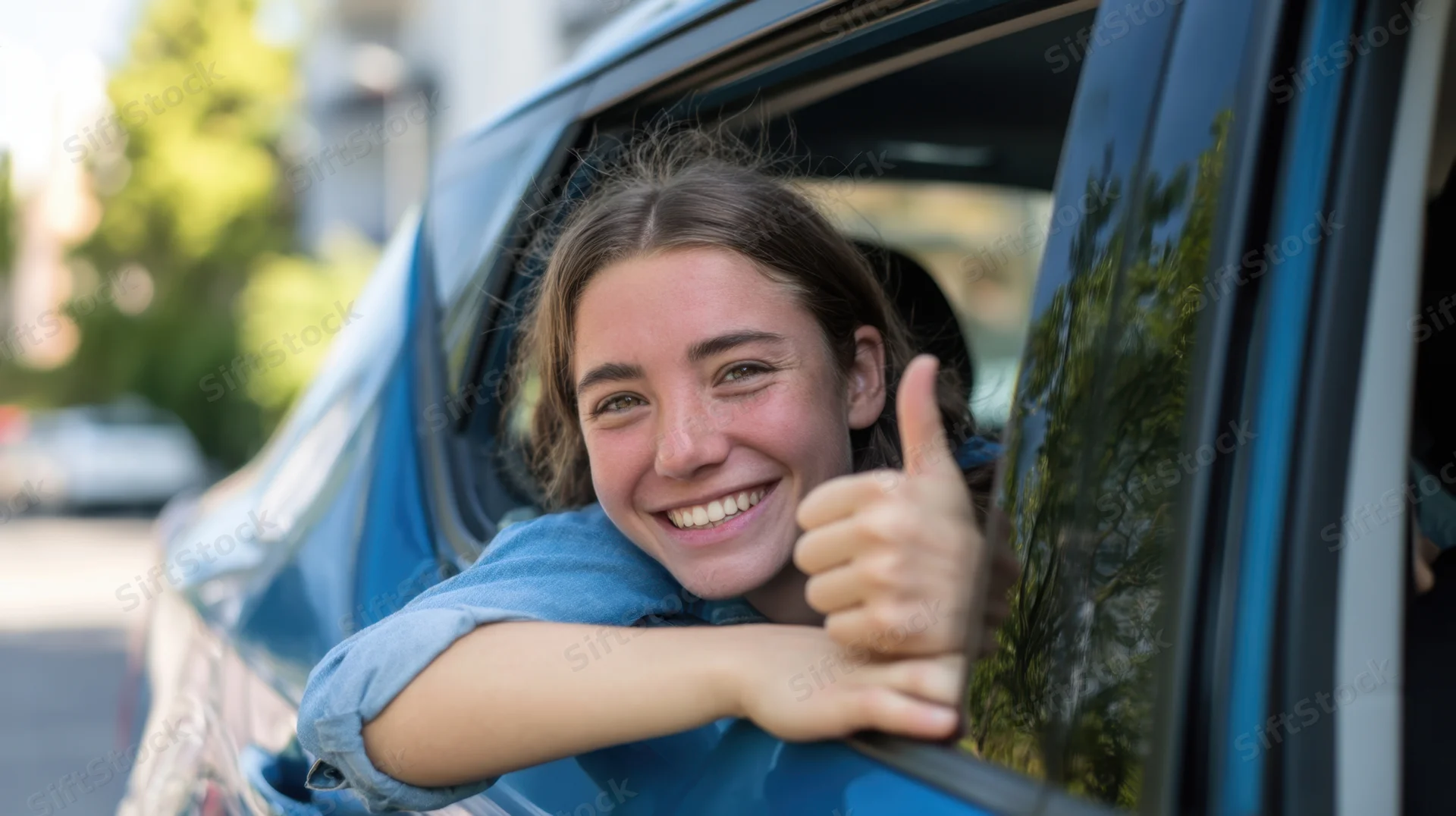 Young woman smiling and giving thumbs up from open car window during daytime drive