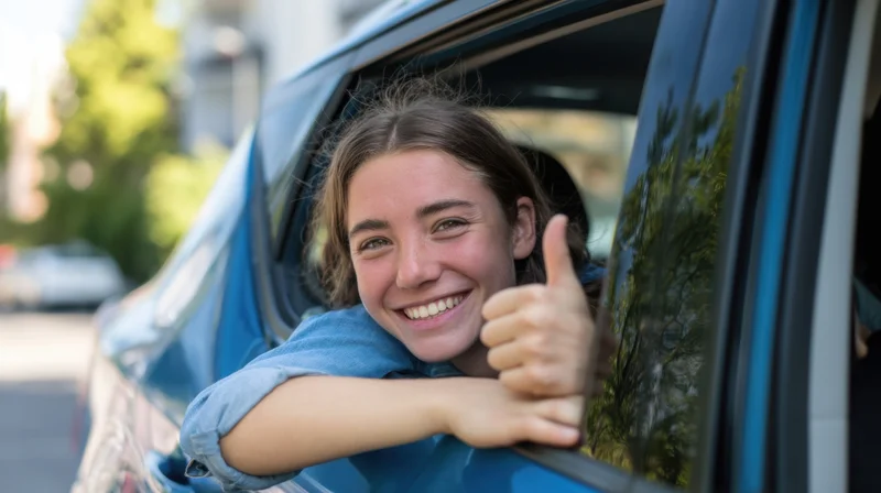 Young woman smiling and giving thumbs up from open car window during daytime drive