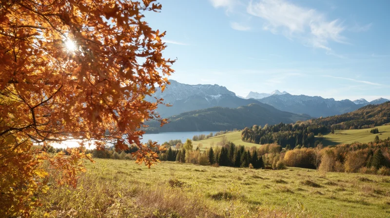 Sunlit autumn landscape with golden foliage framing a lake and mountains in the distance