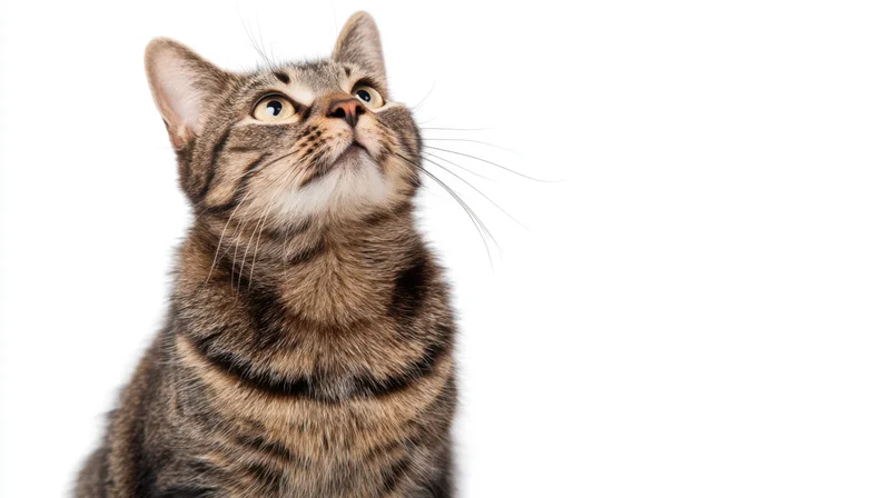 Tabby cat looking up against white background