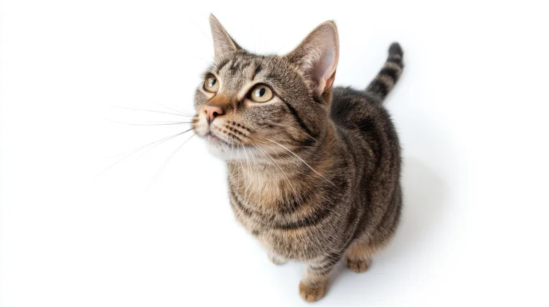 Tabby cat sitting and looking up against a white background