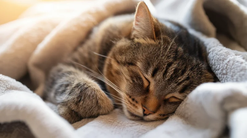 Tabby cat sleeping snuggled in a soft blanket indoors