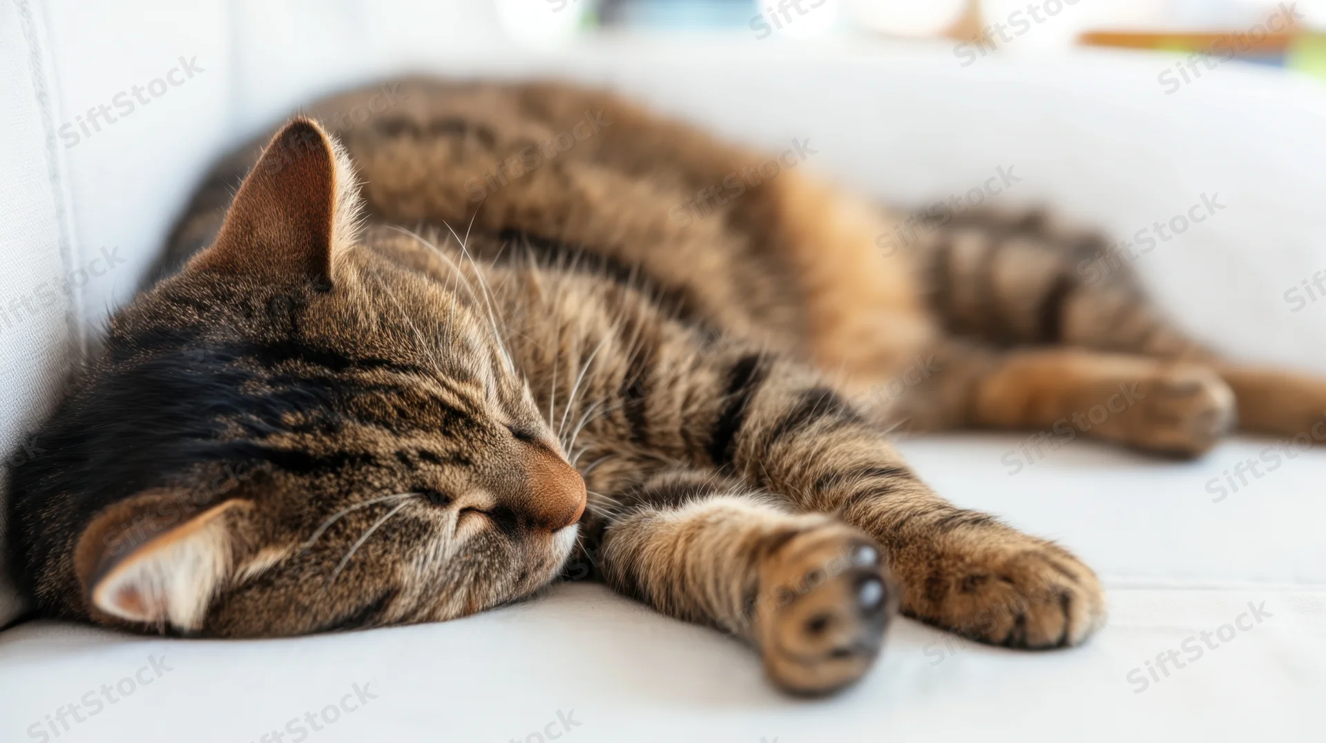 Tabby cat sleeping on a white sofa in a living room