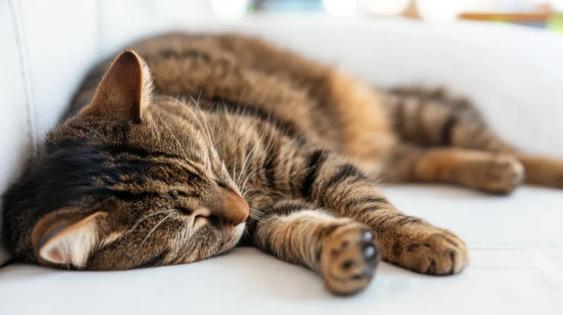 Tabby cat sleeping on a white sofa in a living room