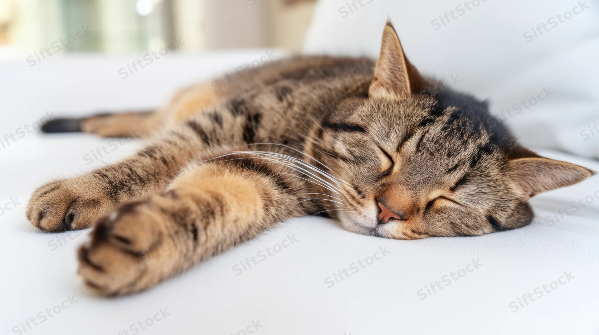 Tabby cat sleeping peacefully on white bedding indoors