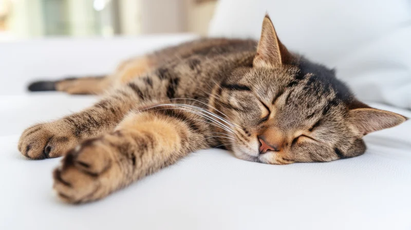 Tabby cat sleeping peacefully on white bedding indoors