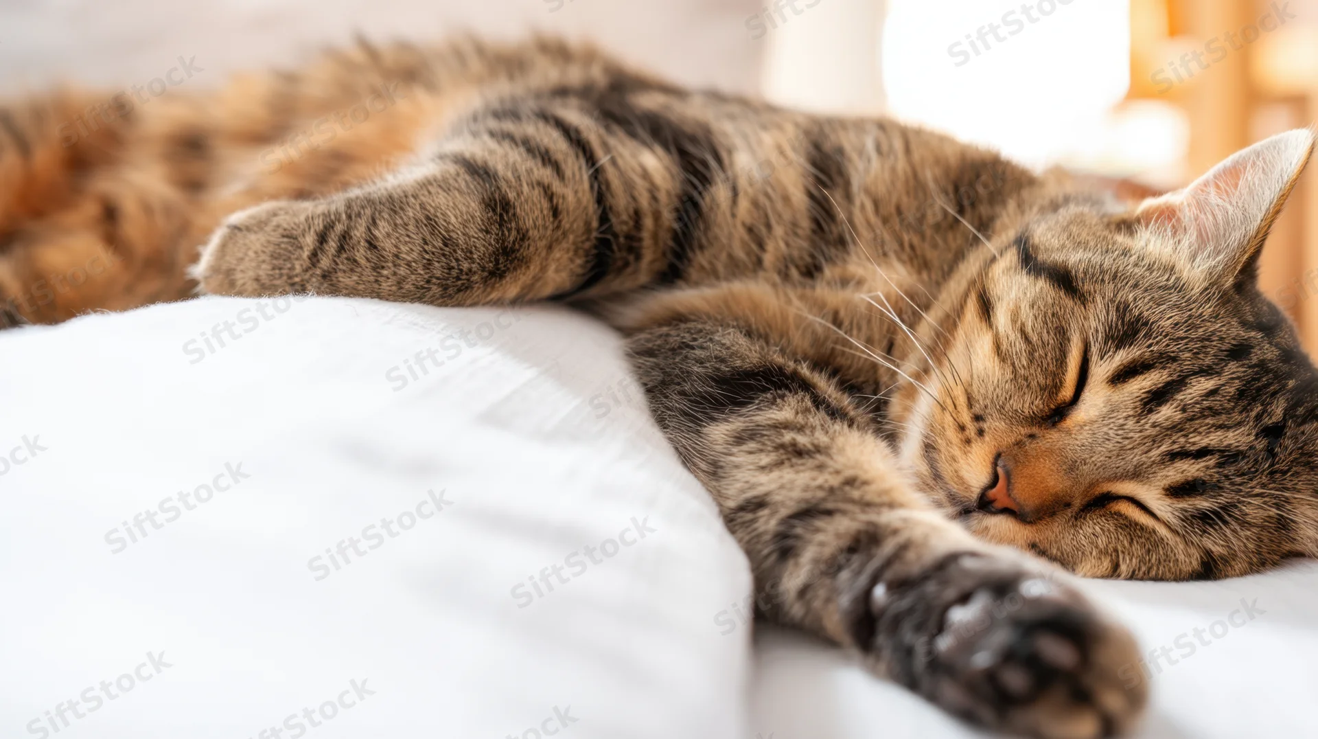 Tabby cat sleeping on white bedding in a cozy indoor setting