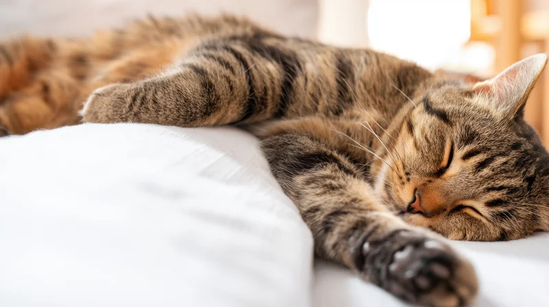 Tabby cat sleeping on white bedding in a cozy indoor setting