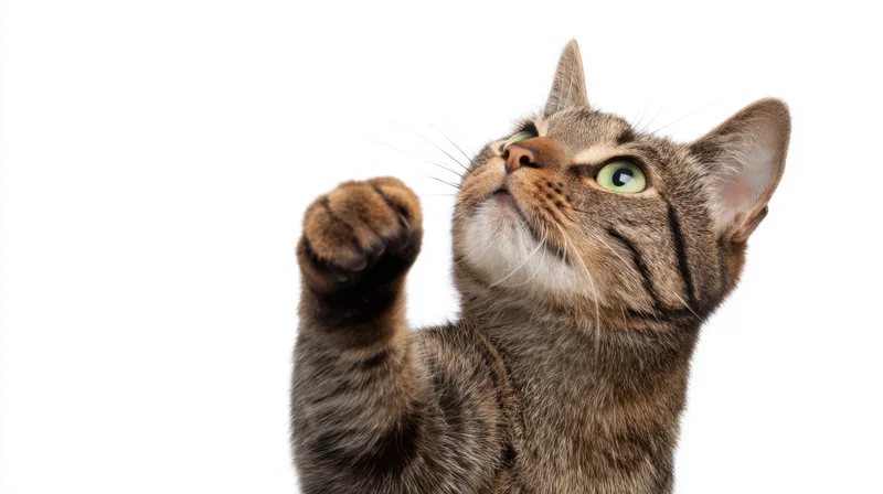 Tabby cat stretching upward with front paw raised against white background