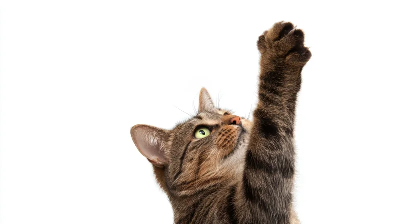Tabby cat stretching upward with paw raised against white background