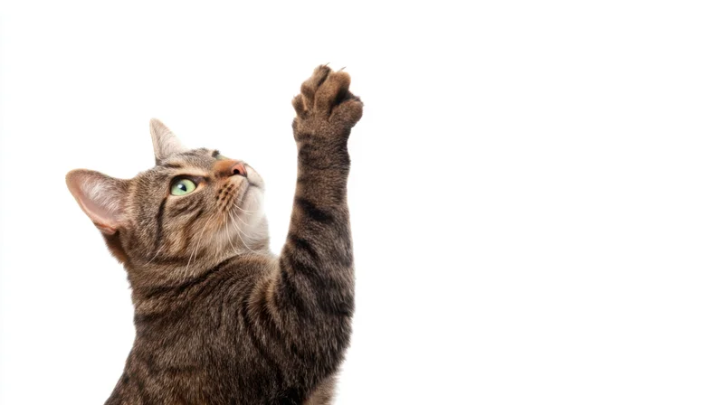 Tabby cat stretching upward with paw raised against white background