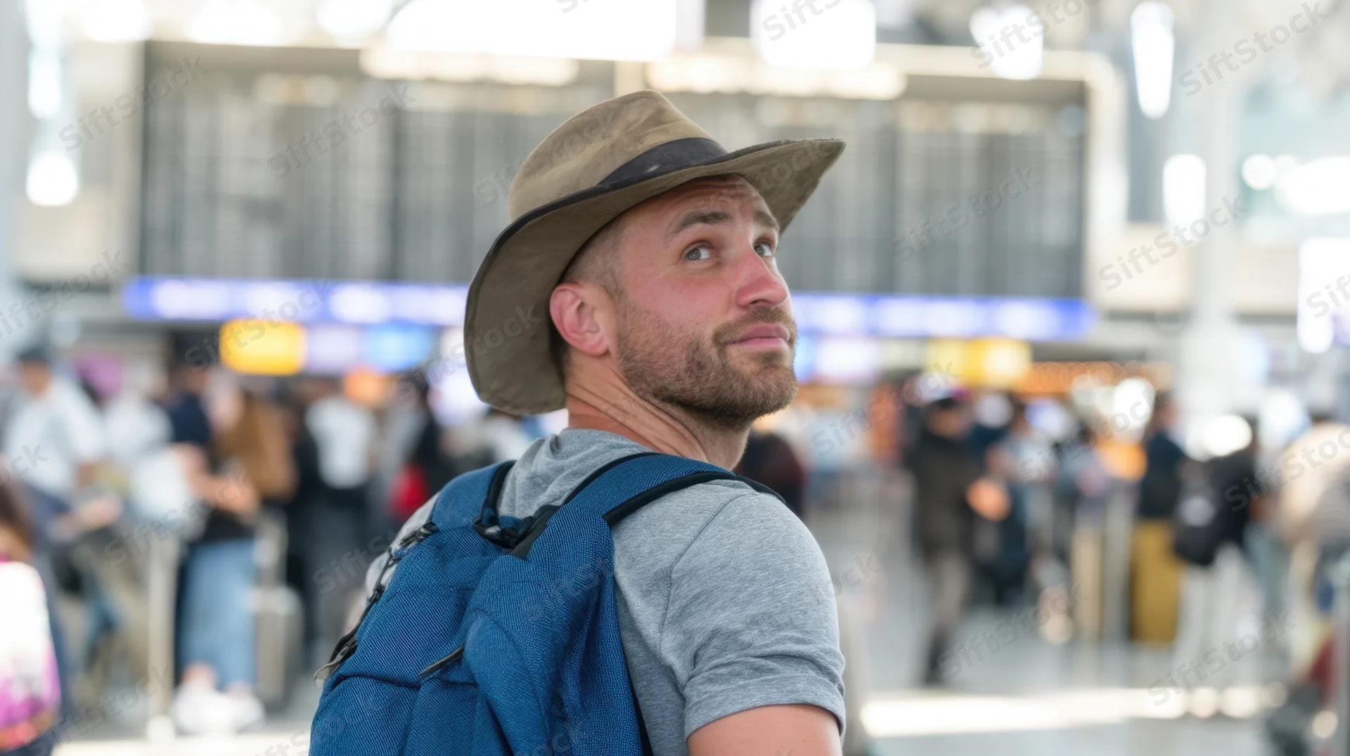 Man in hat with backpack looking up at airport departure board