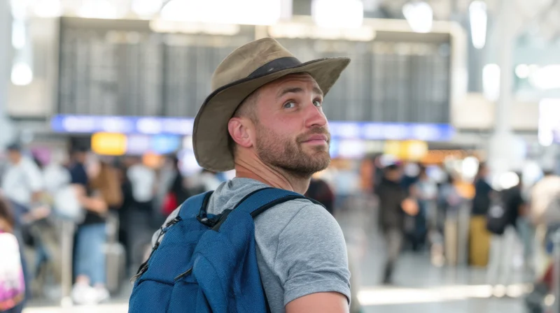 Man in hat with backpack looking up at airport departure board