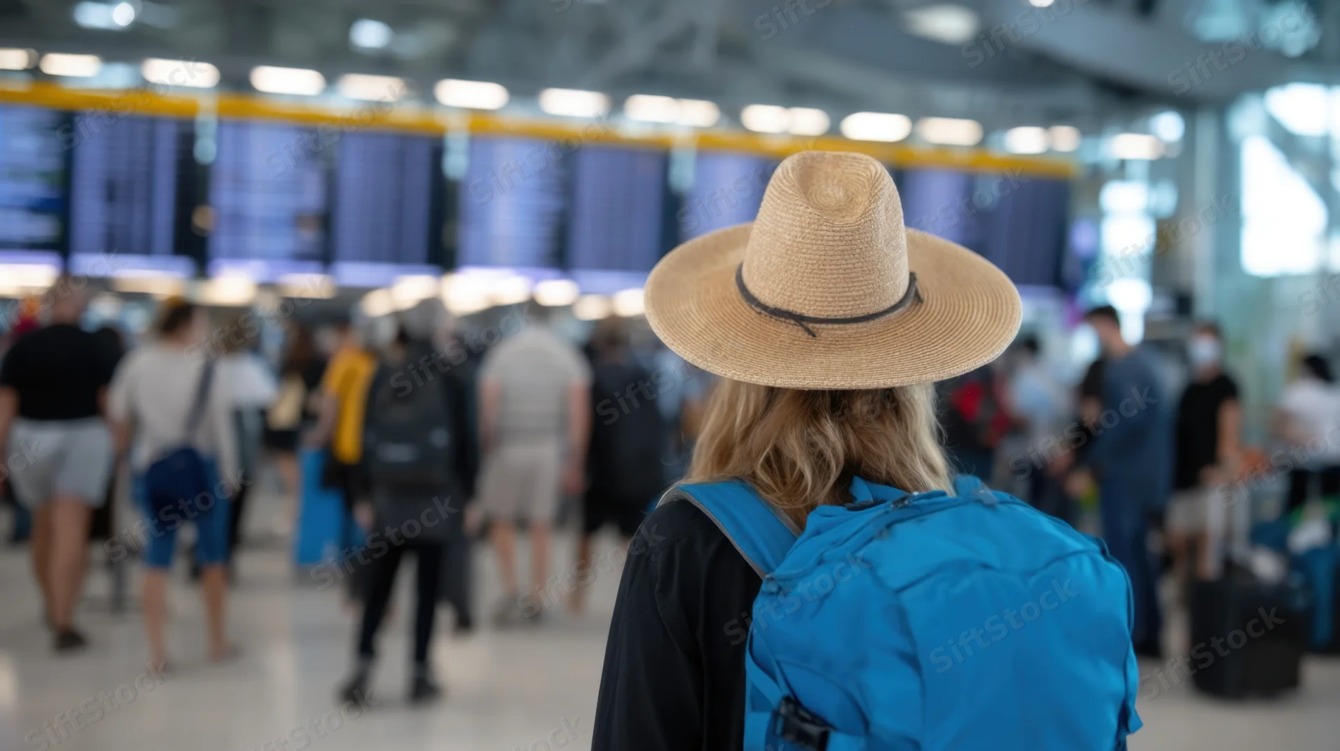 Woman with straw hat and blue backpack facing airport departure board in terminal