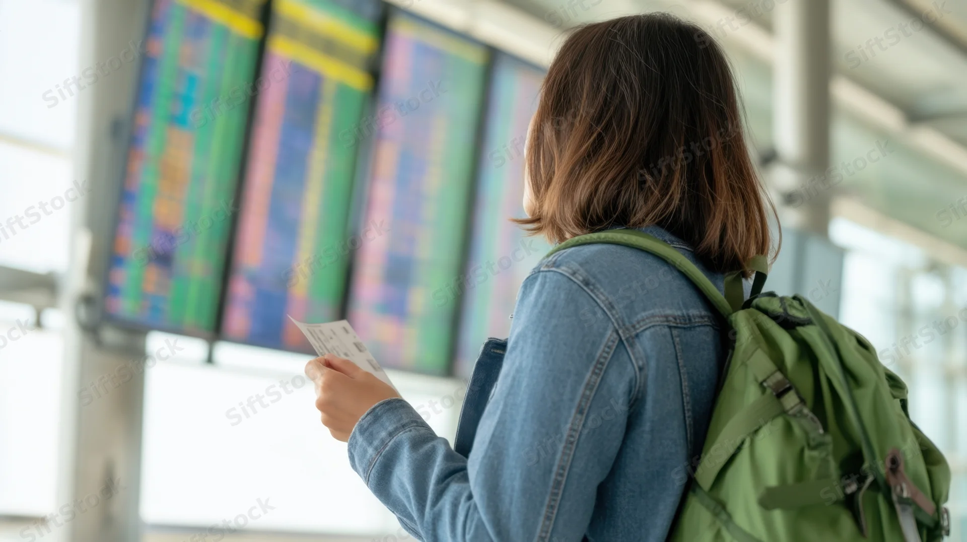 Woman traveler holding ticket and looking at digital flight schedule board in airport terminal