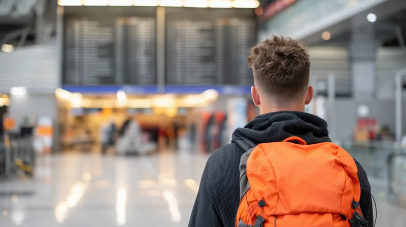 Young man with orange backpack facing airport terminal from behind