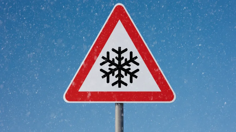 Triangular warning sign with snowflake symbol against a blue sky during snowfall