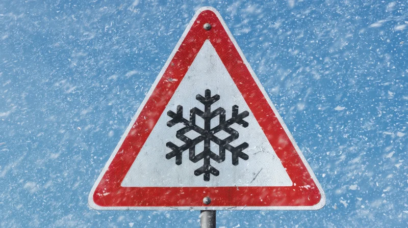 Triangular warning sign with snowflake symbol against blue sky during snowfall