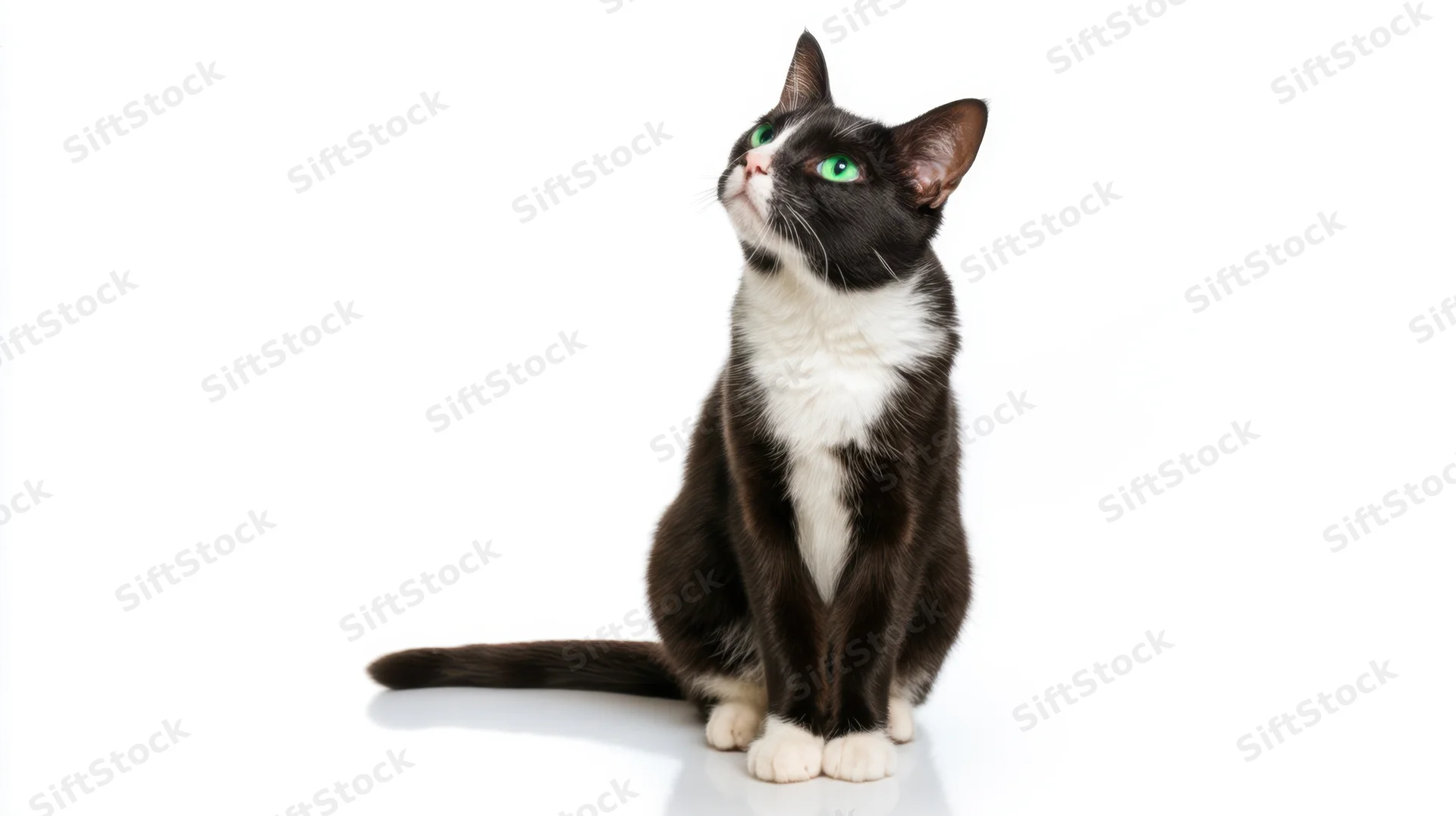 Tuxedo cat sitting alertly on white studio background with green eyes looking upward