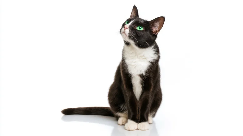 Tuxedo cat sitting alertly on white studio background with green eyes looking upward