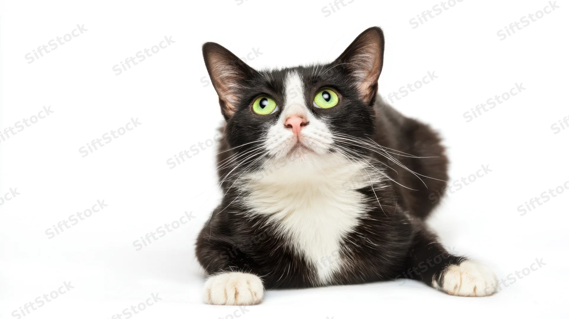 Tuxedo cat lying on white background with green eyes looking up