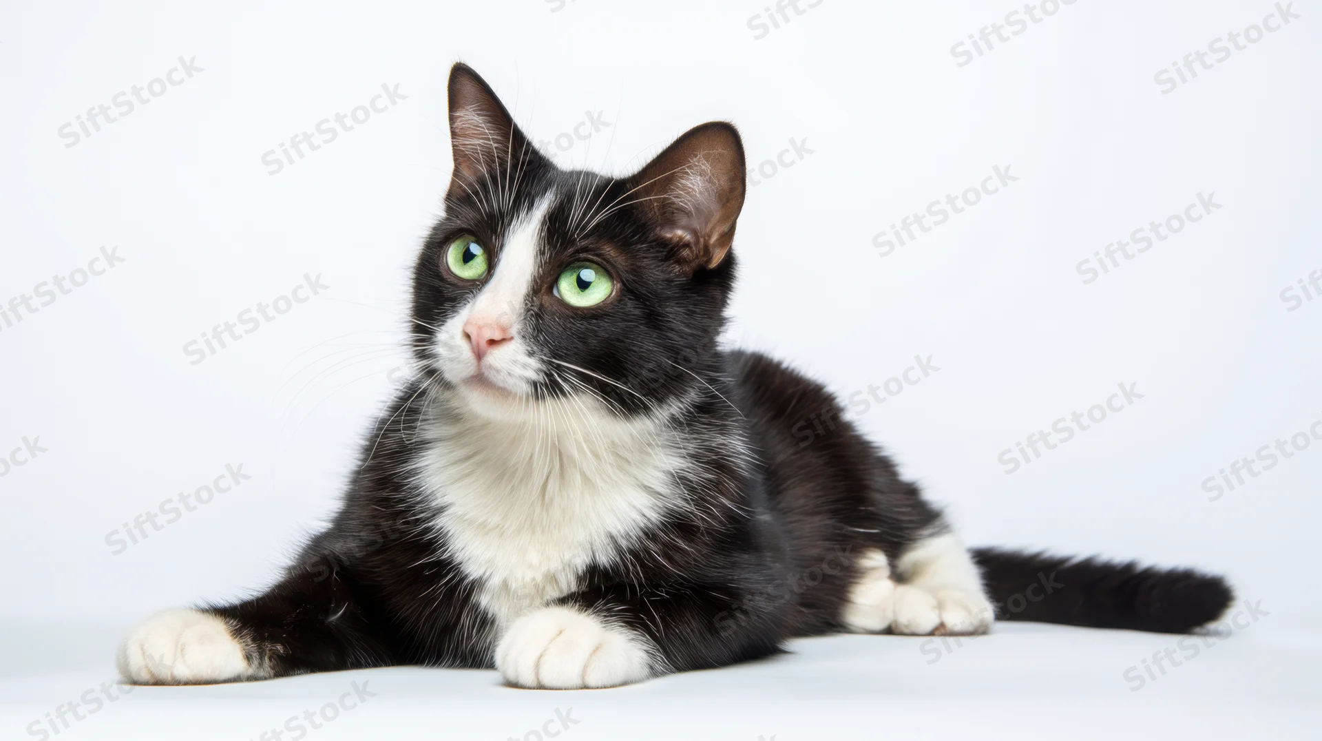 Tuxedo cat lying on white background with green eyes looking up