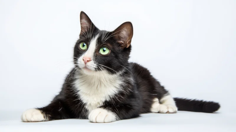 Tuxedo cat lying on white background with green eyes looking up