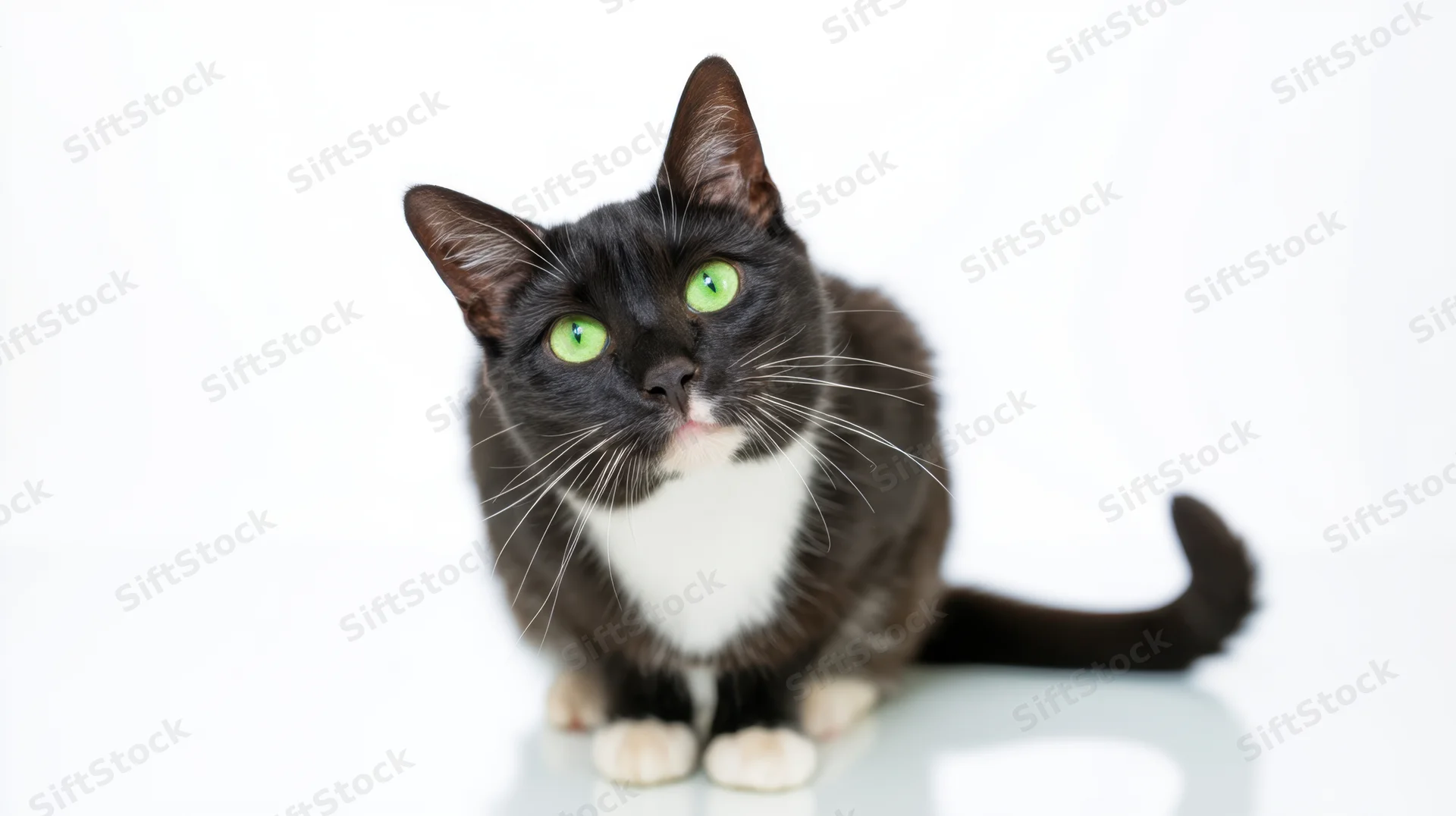 Tuxedo cat sitting alertly on a white reflective surface in studio portrait