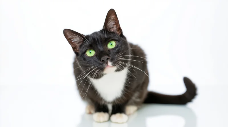 Tuxedo cat sitting alertly on a white reflective surface in studio portrait