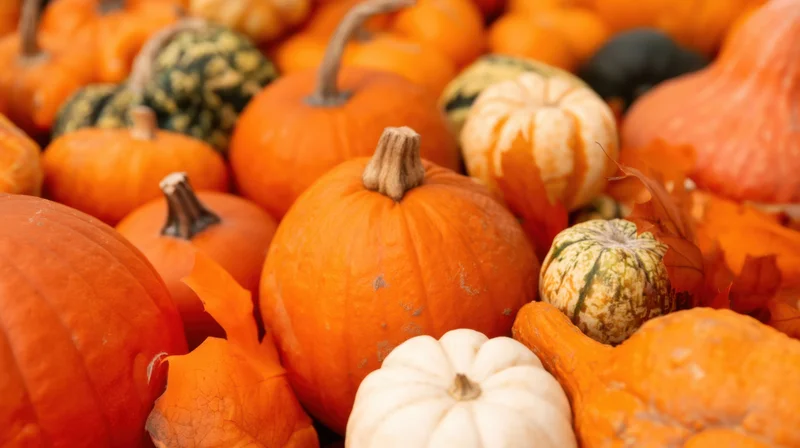 A pile of orange, white, and green pumpkins and squash arranged closely together for autumn decoration