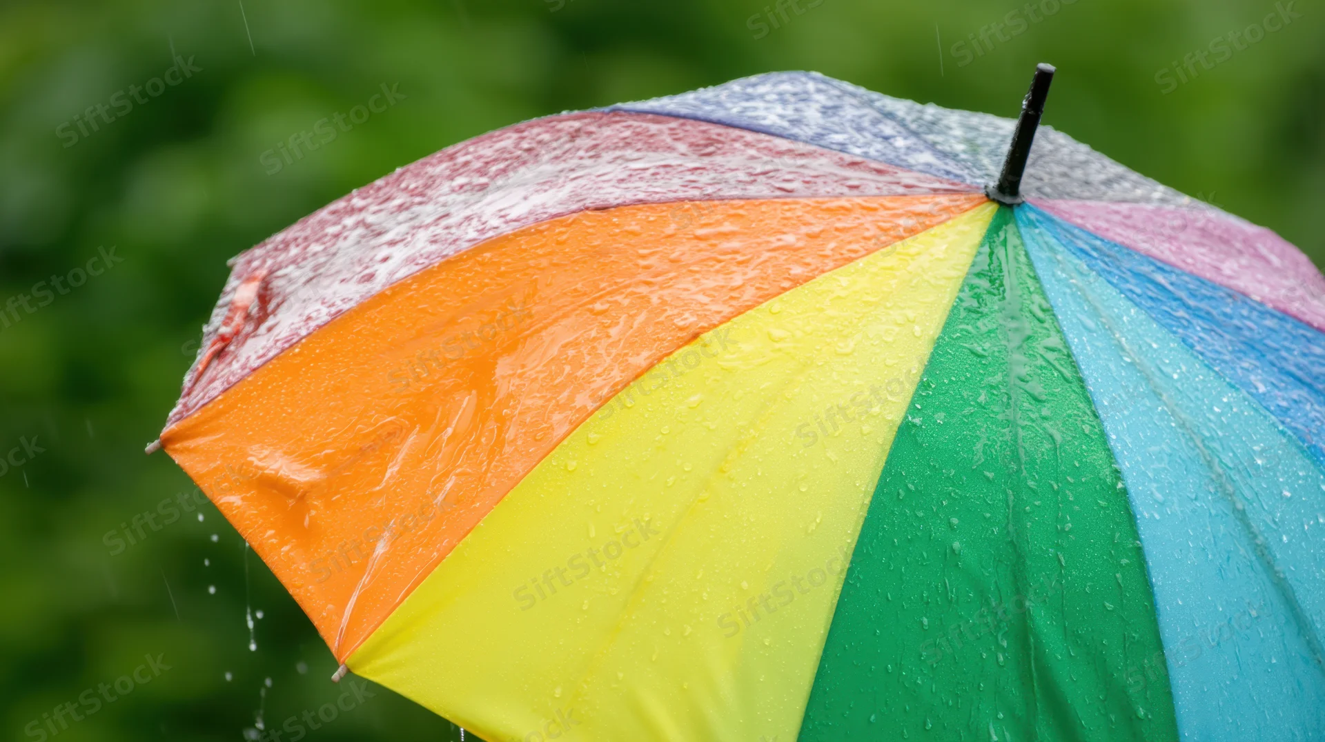 Rainbow umbrella with water droplets in rain outdoors