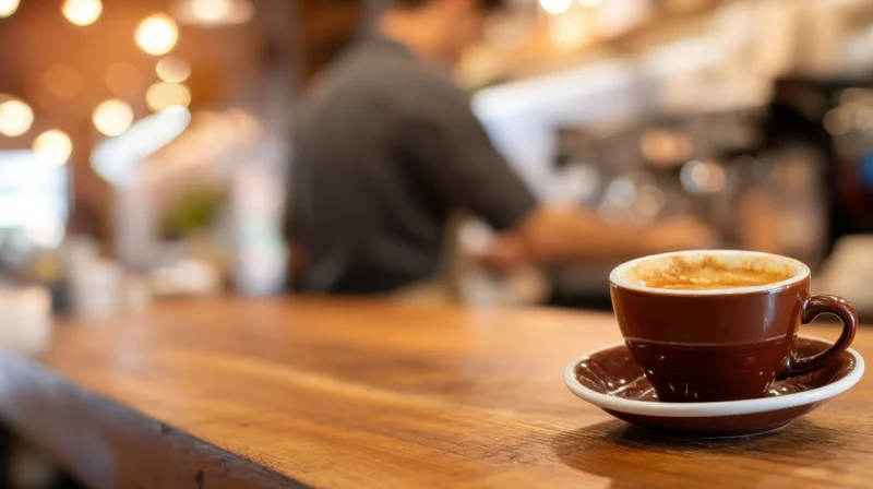 Brown ceramic coffee cup on wooden table in warm cafe interior with barista in background