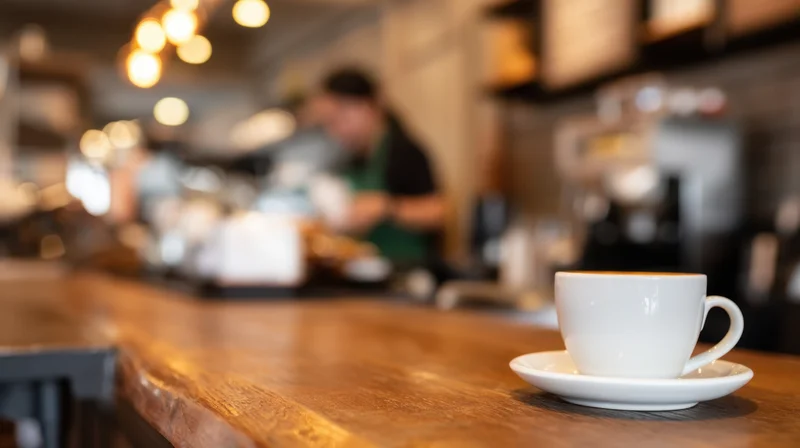 White coffee cup on wooden counter in warm cafe interior with barista in background
