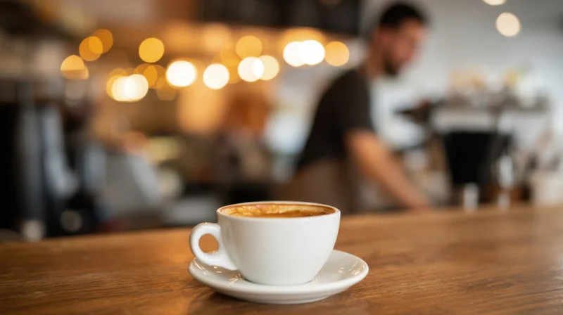 White coffee cup with foam on wooden table in cafe interior with blurred barista and warm lights in background