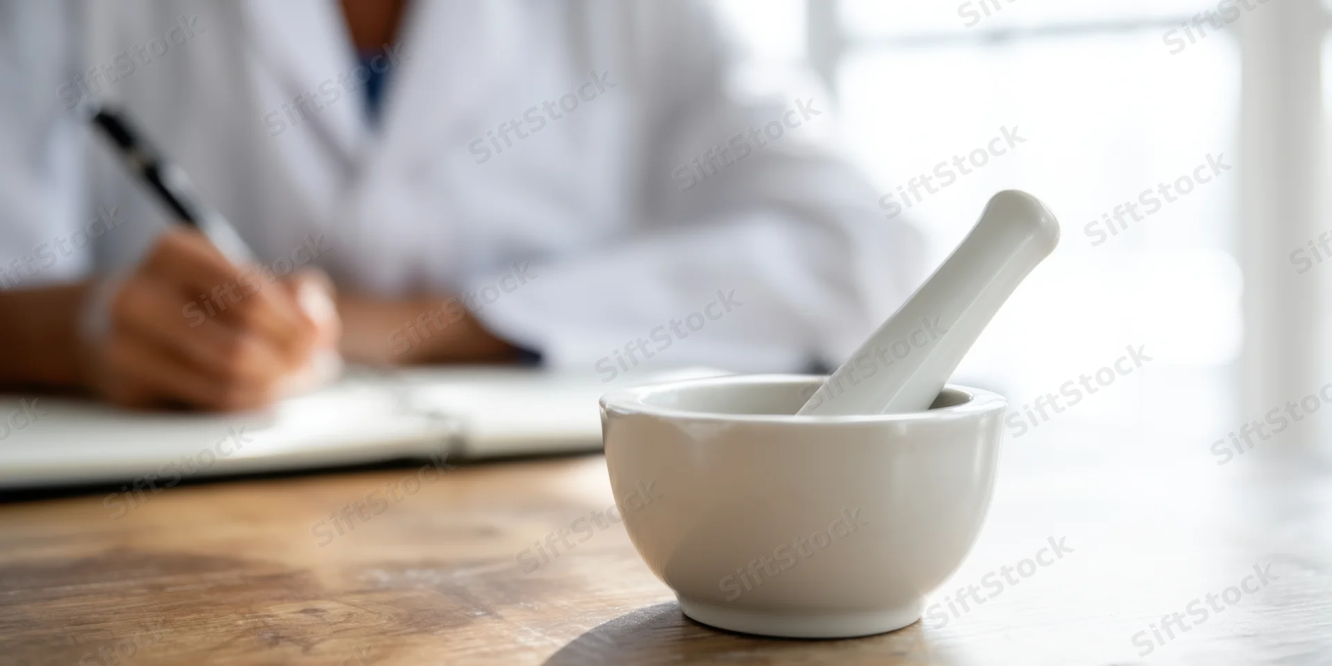 Pharmacist writing notes at desk with mortar and pestle in foreground