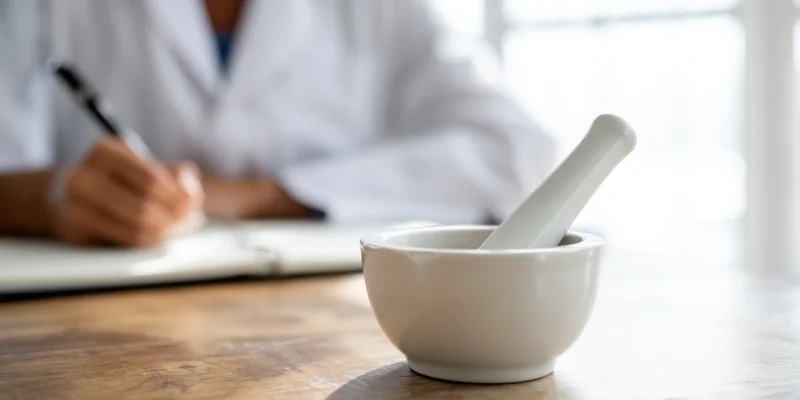 Pharmacist writing notes at desk with mortar and pestle in foreground