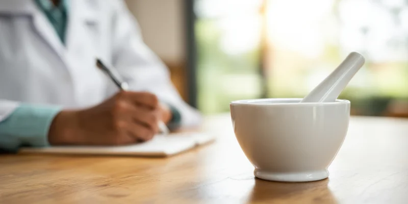 Pharmacist writing notes at desk with mortar and pestle in foreground