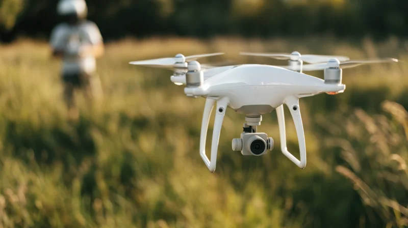White drone hovering in a grassy field with operator in background