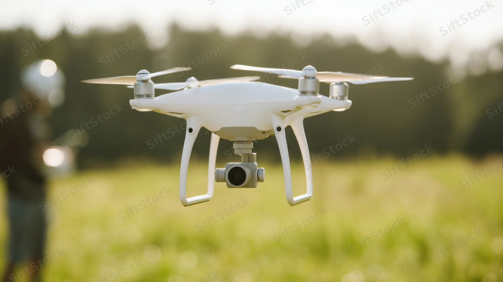White quadcopter drone hovering over a grassy field with a blurred operator in the background