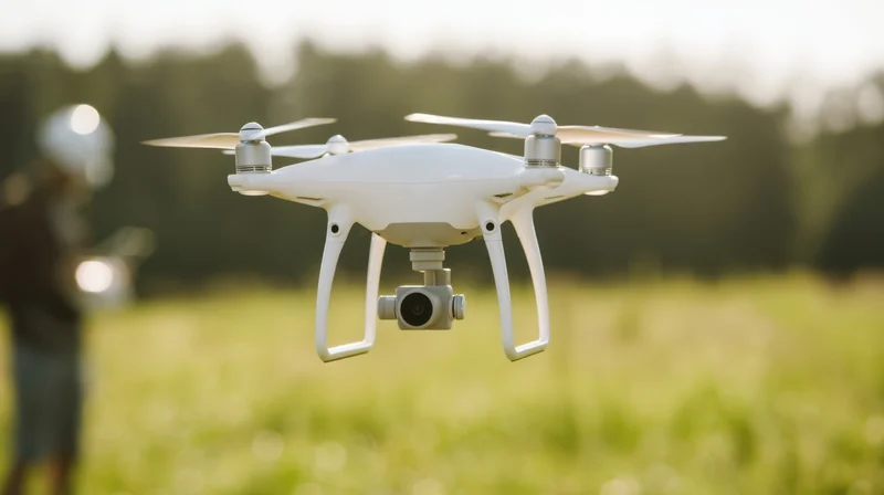 White quadcopter drone hovering over a grassy field with a blurred operator in the background