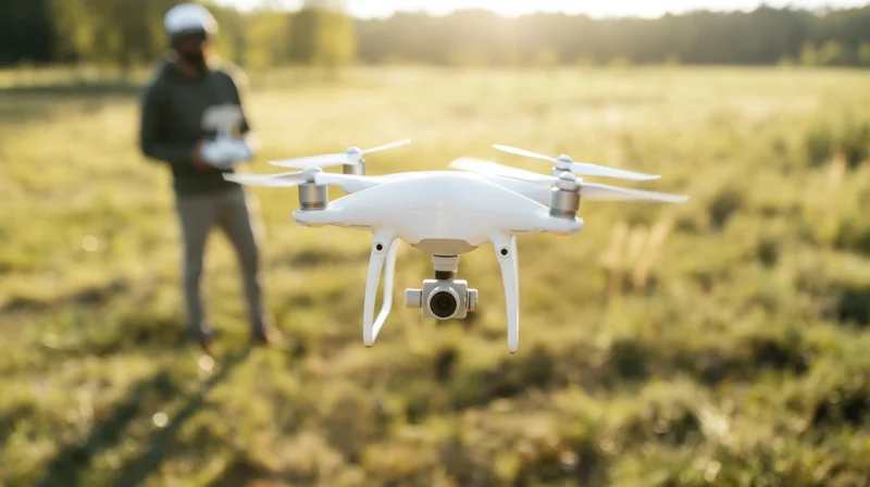 White quadcopter drone hovering in a grassy field at sunset with a man holding a remote control in the background